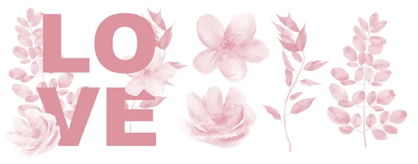 Valentines Day cat air ditetapkan. Cinta desain kata dengan bunga dan daun. Warna air untuk hari Valentine. — Stok Foto