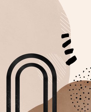 Soyut şekil modeli. Modern, minimalist ve terakota kökenli. Kahverengi şekilli kolaj, yüzyılın ortalarında kavis ve abstarct noktalar..