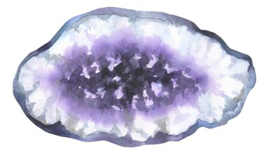 Ametist kristal dilimi. Mor Mineral Dilimi. Suluboya çizimi beyaz arkaplanda izole edildi.