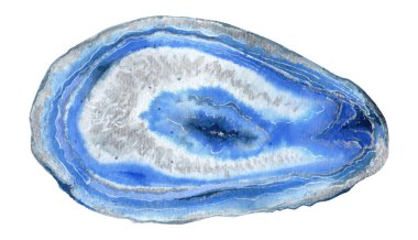 Mavi agate dilimi. Mavi Mineral Dilimi. Suluboya çizimi beyaz arkaplanda izole edildi.