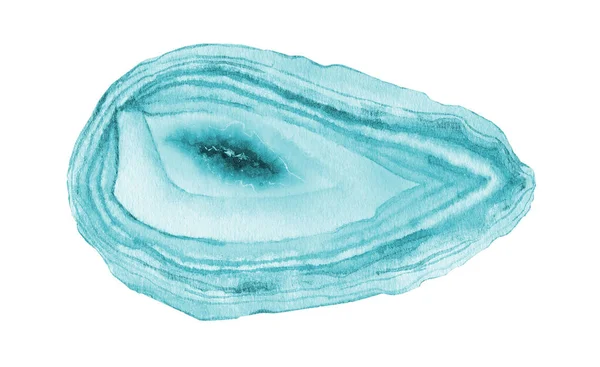 Синій геодезичний шматочок агату. Аквамарин зріз каменю. Акварельна ілюстрація ізольована на білому тлі . — стокове фото