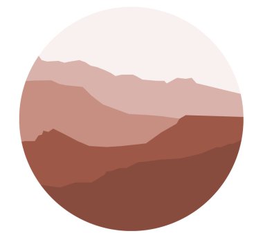 Daire şeklinde dağlar, orta çağ modern tarzında manzara manzarası logo, poster, ikon için geometrik soyut element. Beyaz arkaplanda resim. 