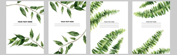 Yeşil Ağaç Yaprağı çerçeve tasarımı. Ficus yaprakları ve eğreltiotu yaprakları. Beyaz arka planda suluboya illüstrasyon. Suluboya Sanat. — Stok fotoğraf