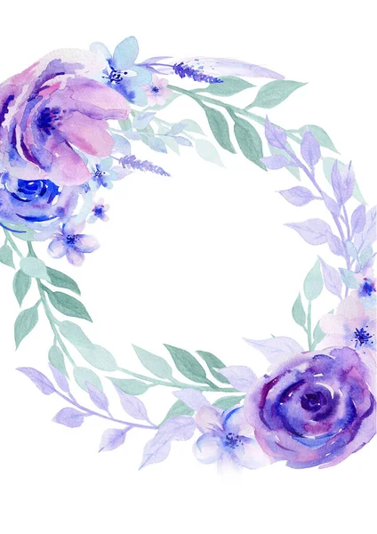 Aquarel Bloem Achtergrond. Lilac en violet Bloemen Bladeren Aquarel cirkel Frame op witte achtergrond — Stockfoto