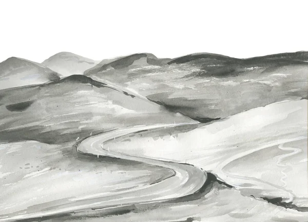 Aquarel abstract landschap. Weg en bergen. Aquarel illustratie op witte achtergrond. — Stockfoto