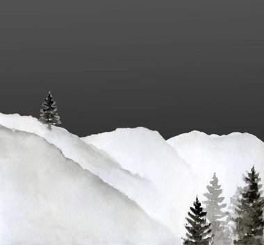 Minimalist manzara. Dağlar, ağaçlar ve karanlık gökyüzü. Tek renkli tepeler Beyaz arkaplanda suluboya çizimi.