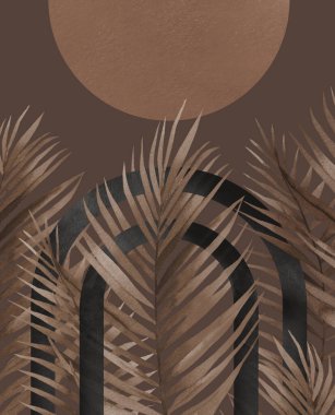 Modern soyut geometri şekilleri. Kahverengi arka planda siyah kemerli kuru tropikal palmiye yaprakları. Orta çağ modern sanatı. 