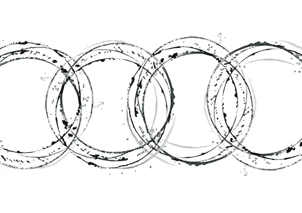 Набор абстрактных кругов. Черно-белые раскрашенные круги и брызги. Абстрактная акварельная иллюстрация на белом. — стоковое фото