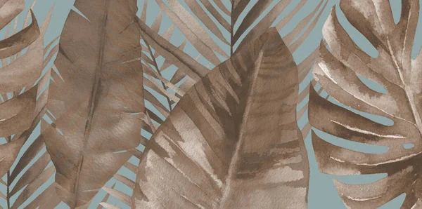 Tropische achtergrond. Beige gedroogde Monstera bananenbladeren banier. Aquarel illustratie op blauwe achtergrond. — Stockfoto