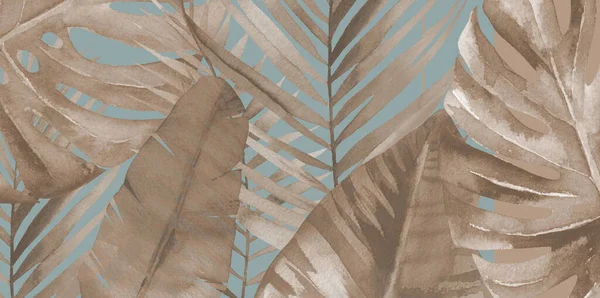 Suche tropikalne tło banera liści. Ilustracja akwarela na beżowym tle. Suszone liście monstera, palmy i banana. — Zdjęcie stockowe