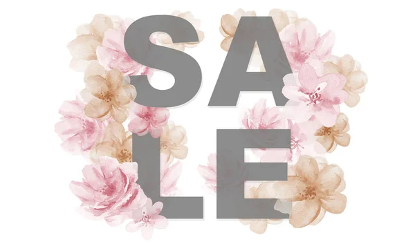 Sale Sign Banner and Pink watercolor Flowers on the white background. Floral Inscription with watercolour illustration.