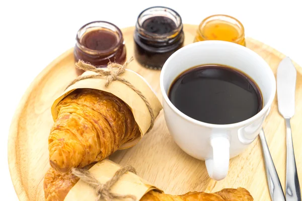 Breakfast, Breakfast set, tray of coffee, croissant, jam Stock Image