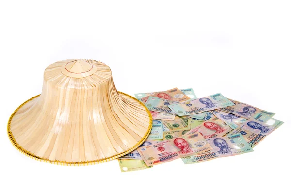 Vietnamesiska pengar, dong med asiatisk stil hatt — Stockfoto