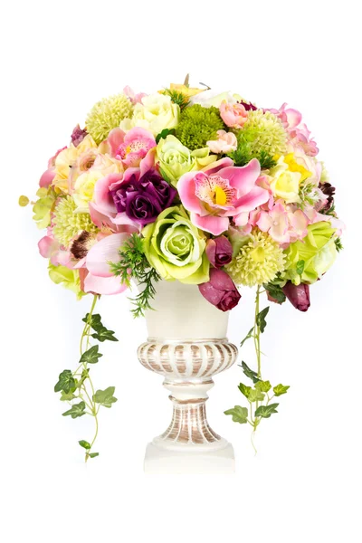 Decoration artificial plastic flower with vintage design vase — Stock Photo, Image
