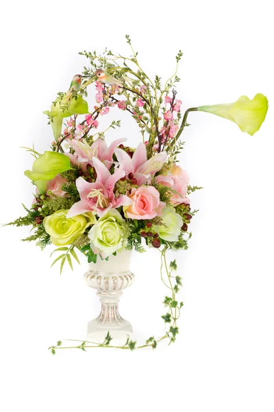 Decoration artificial plastic flower with vintage design vase — Stock Photo, Image
