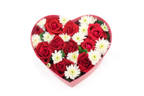 Roses and carnations held in the heart shape box — Stock Photo, Image