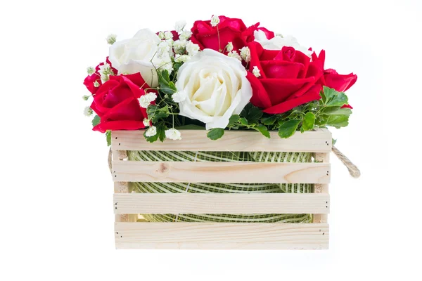 Red and white rose in a wooden basket with beautiful ribbon, gif — Stock Photo, Image