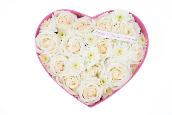 White roses and pearl and diamond held in the heart shape box — Stock Photo, Image