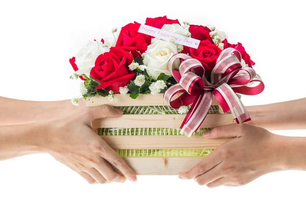 Hand levererar korgar av röda och vita rosa blommor — Stockfoto