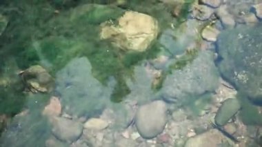 Su şelale alan, üstten görünüm, pan atış altında küçük taşlarla moss