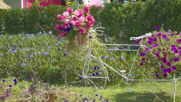 Велосипеды в винтажном стиле, украшенные корзиной цветов, припаркованные в красивом саду, снятые куклами — стоковое видео