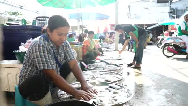 Marknaden kvinna förbereda fisk i ett fack till salu framför henne på färskvarumarknaden — Stockvideo