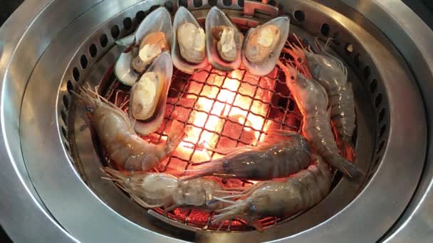 Korece barbekü soba chacoal, çiğ karides, midye içinde — Stok video