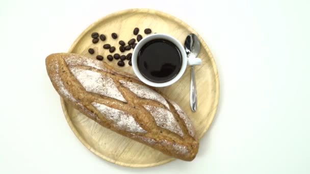 Colazione, Set per la colazione, vassoio di caffè, baguette, Pronto da mangiare, spazio per il testo — Video Stock