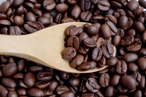 Kaffeebohnen-Schöpflöffel mit Holzlöffel — Stockfoto