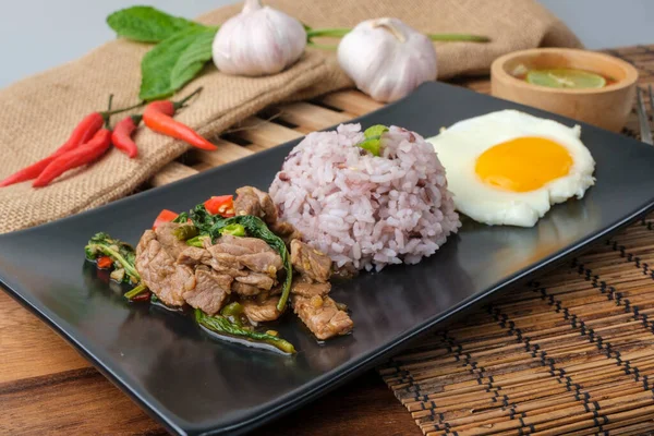 Stir Fried Beef Basil Fried Egg Riceberry Rice Royalty Free Stock Photos