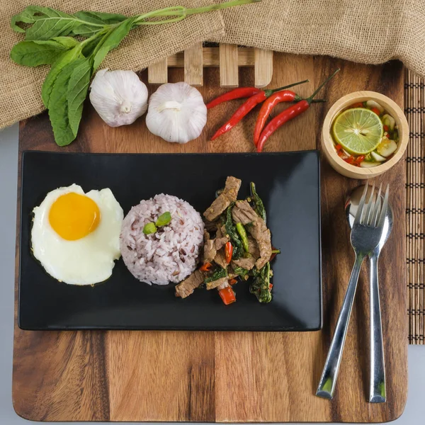 Stir Fried Beef Basil Fried Egg Riceberry Rice Stock Photo