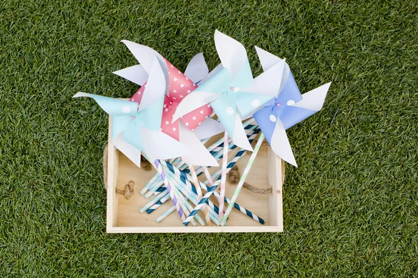 Colorful toy pinwheel against green grass background — Stock Photo, Image