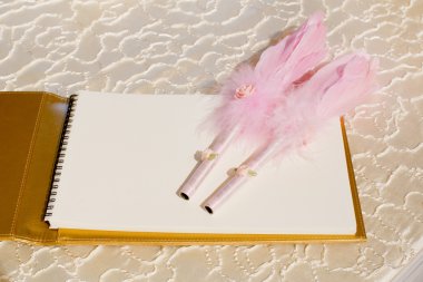Photo of a wedding register and feather pen. Wedding guestbook. clipart