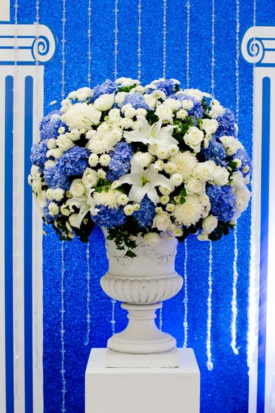 Blaue und weiße und grüne Blumen im Keramiktopf — Stockfoto