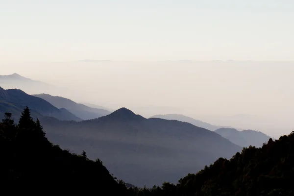 Lagen van bergen en mist bij zonsopgang — Stockfoto