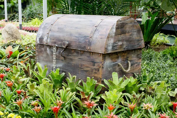 Старая деревянная коробка в саду — стоковое фото