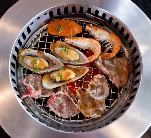 Mixed Roasted Meat and Seafood on the BBQ Grill on roast. — Stock Photo, Image