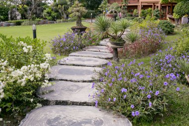 Ahşap güdük yolu ile parkta güzel çiçekler.