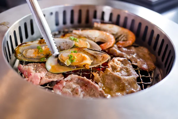 Mixed Roasted Meat and Seafood on the BBQ Grill on roast. — Stock Photo, Image