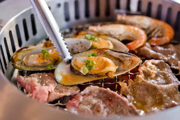 Gemengde geroosterd vlees en zeevruchten op de Bbq Grill op gebraden. — Stockfoto
