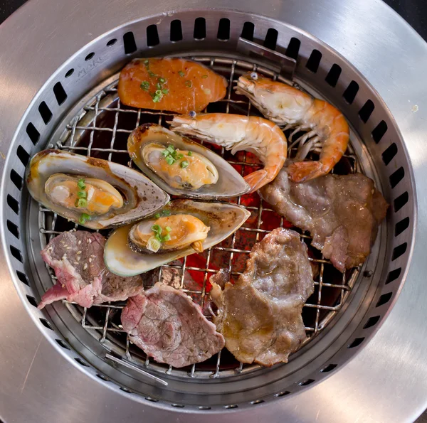 Mixed Roasted Meat and Seafood on the BBQ Grill on roast. — Stock Photo, Image