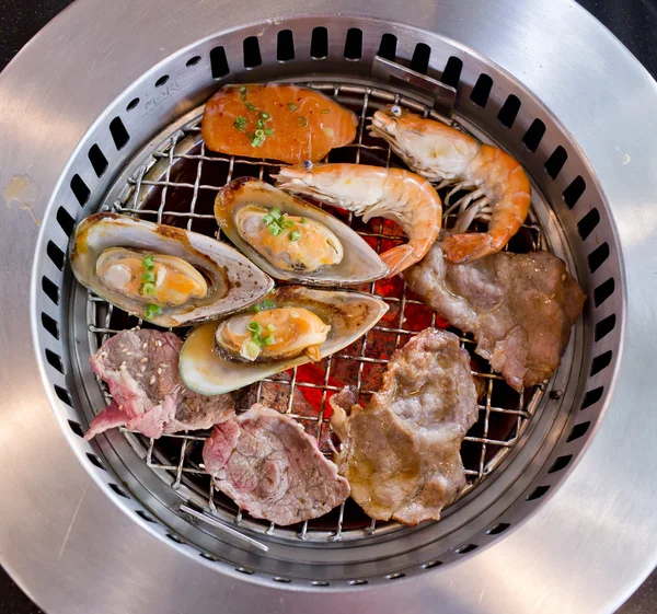 Mixed Roasted Meat and Seafood on the BBQ Grill on roast. — Stock Photo, Image