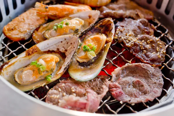 Carne prăjită mixtă și fructe de mare pe grătarul BBQ pe friptură . — Fotografie, imagine de stoc