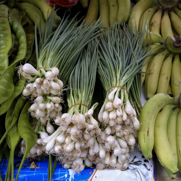 Cebolinhas recém-colhidas prontas para venda no mercado — Fotografia de Stock