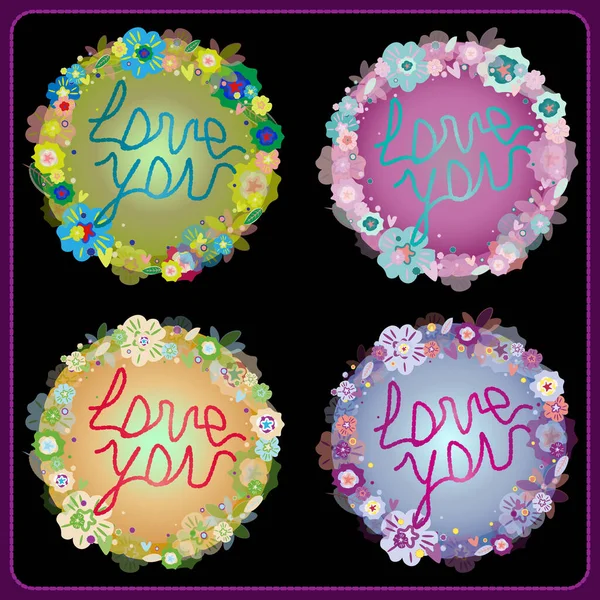 Der Schriftzug Love You im floralen Kreisrahmen. 4 Versionen von Farben von Hand ertränken. — Stockvektor