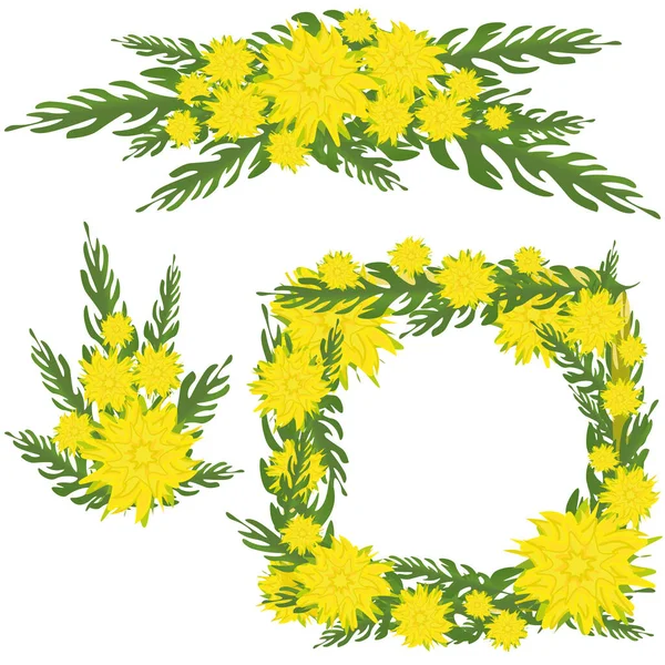 Yellow Flowers Wreaths Floral Frames Made Dandelions — Stock Vector
