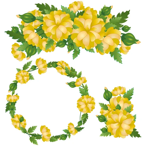 Ein floraler Rahmen in Form eines Kreises und ein Kranz aus gelben Blumen — Stockvektor