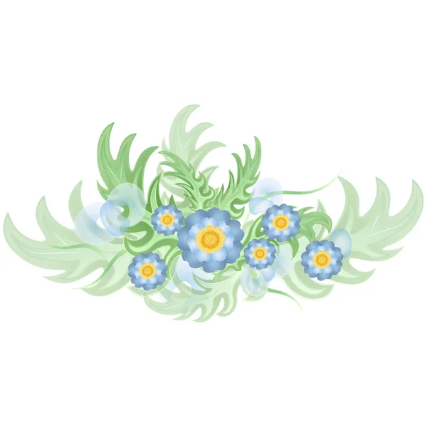 Corona con vegetación y flores azules. Fondo blanco o transparente — Vector de stock