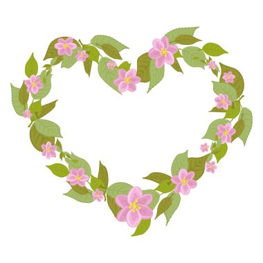 Yeşil yapraklardan bir çelenk ve kalp şeklinde pembe çiçekler.