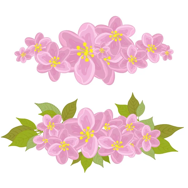 Un conjunto de dos guirnaldas con flores rosas. Con hojas y sin hojas. Flores de ciruela, melocotón, flores de cerezo — Archivo Imágenes Vectoriales